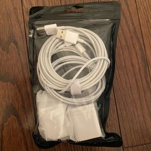 3 different sized iPhone chargers with 2 USB wall cubes